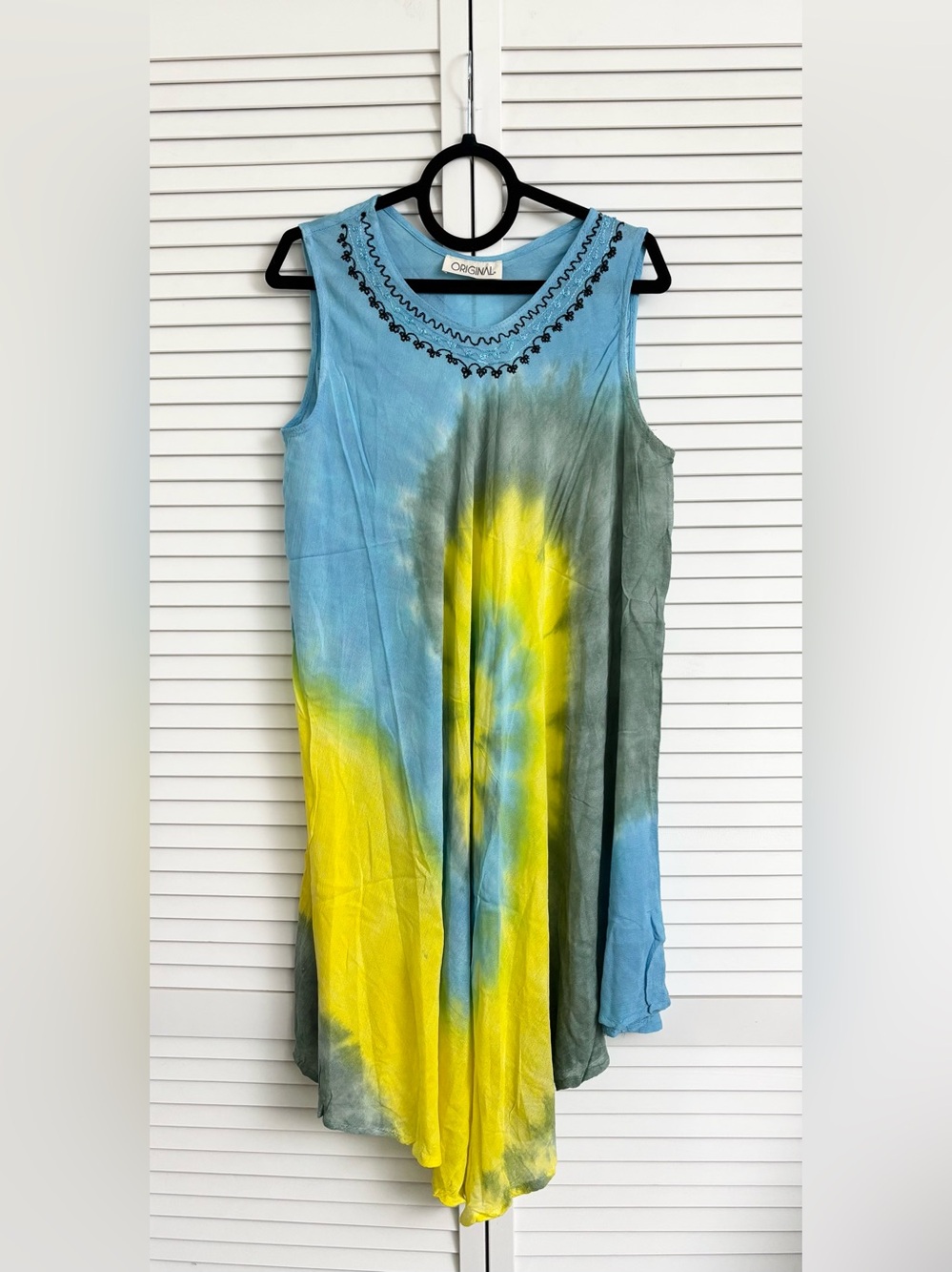 Original USA Blue & Yellow Tie-Dye Tank Sundress w/embroidery,Size:OS(XL-1X)NWOT